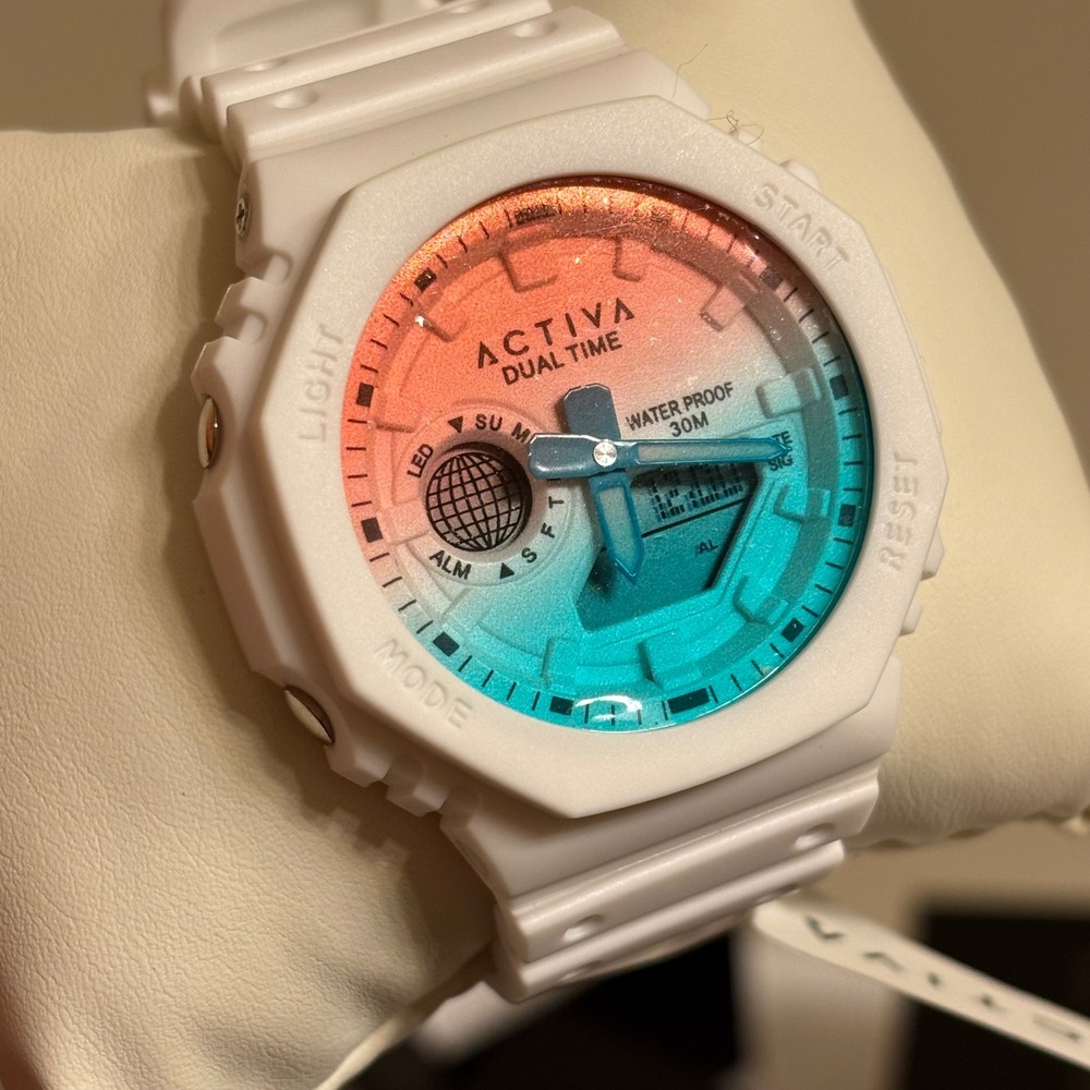 Activa Dual Time Waterproof Sport Chronograph Watch White Ombre Dial Retro Style